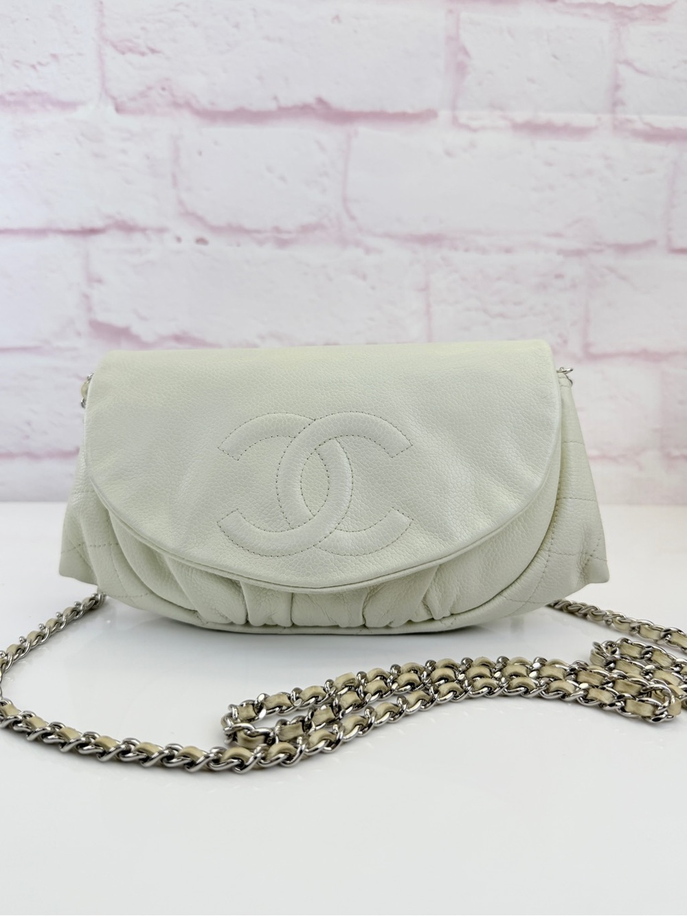 Chanel Caviar Half Moon Wallet On Chain WOC White